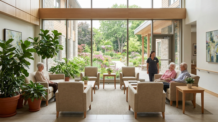Ein moderner, heller Eingangsbereich eines gepflegten Seniorenheims mit bequemen Sesseln, großen grünen Zimmerpflanzen und bodentiefen Fenstern, die einen Blick in einen wunderschönen Garten freigeben.