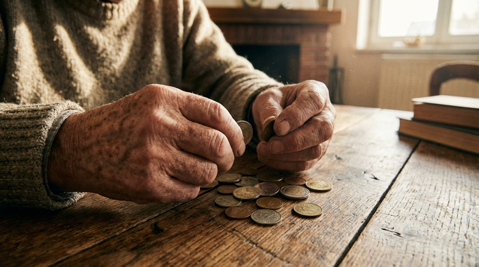 Eine detailreiche Nahaufnahme der Hände eines älteren Mannes, der behutsam ein paar Münzen auf einem rustikalen Holztisch sortiert. Weiches, warmes Licht im Hintergrund sorgt für eine ruhige Atmosphäre.