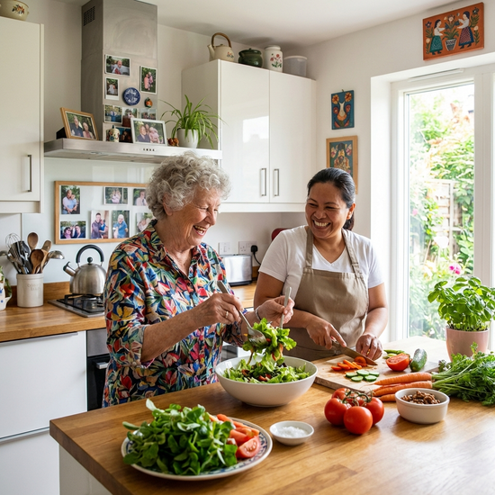 Eine fröhliche Seniorin wird von einer fürsorglichen Pflegekraft in ihrem eigenen, liebevoll eingerichteten Zuhause unterstützt. Beide lachen gemeinsam beim Zubereiten eines frischen Salats in einer modernen Küche.