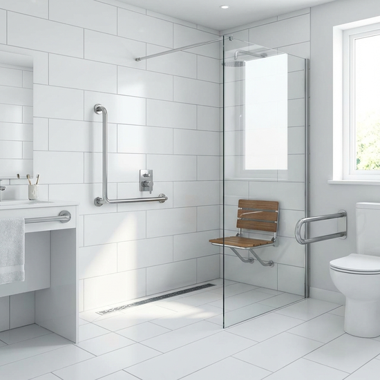 Ein modernes, barrierefreies und hell gefliestes Badezimmer mit einer großzügigen, ebenerdigen Dusche, eleganten Haltegriffen aus Edelstahl und einem klappbaren, komfortablen Duschsitz.