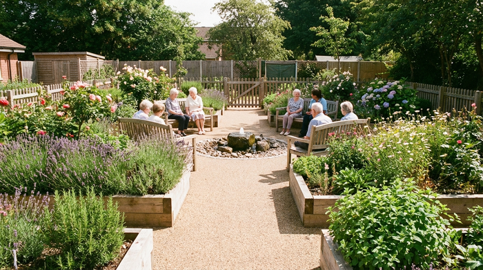 Ein sicherer, blühender Demenzgarten mit rollstuhlgerechten Wegen, Hochbeeten voller duftender Kräuter und einem kleinen, beruhigenden Wasserspiel an einem sonnigen Nachmittag.