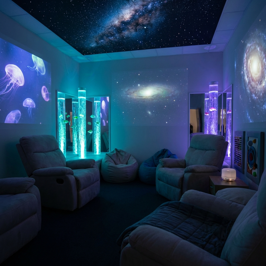 Ein abgedunkelter, beruhigender Snoezelraum mit bequemen Liegesesseln, sanft leuchtenden Wassersäulen und einem künstlichen Sternenhimmel an der Decke.