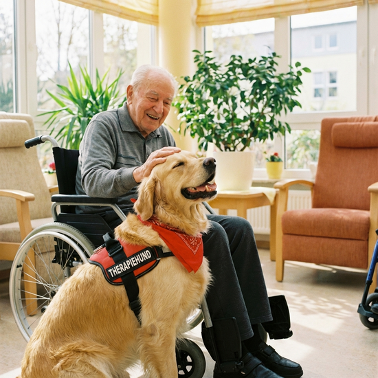 Ein fröhlicher Therapiehund wird von einem älteren Herrn im Rollstuhl liebevoll gestreichelt, beide wirken glücklich und entspannt in einem hellen Raum.