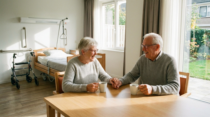 Zwei ältere Menschen sitzen entspannt bei einer Tasse Kaffee an einem hellen Holztisch, im Hintergrund ist ein modern eingerichtetes, barrierefreies Pflegezimmer zu erkennen.
