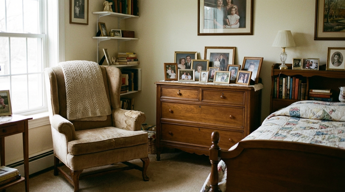 Ein liebevoll eingerichtetes Pflegezimmer mit vertrauten, älteren Möbeln, einem gemütlichen Ohrensessel und vielen gerahmten Familienfotos auf einer klassischen Holzkommode.