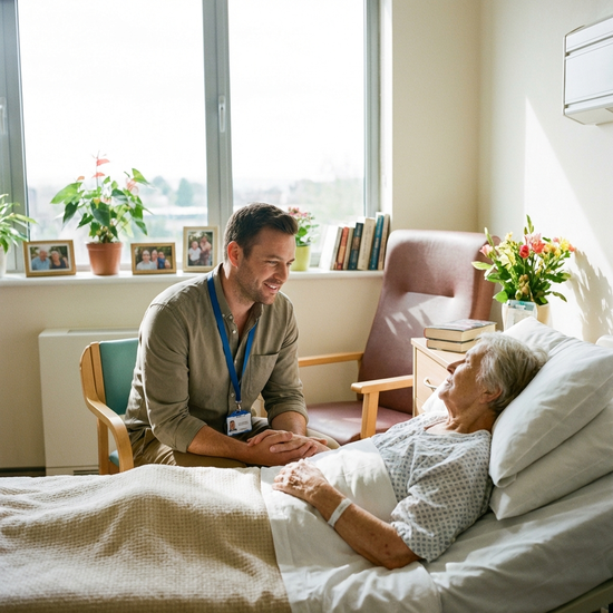 Ein freundlicher Sozialarbeiter in einem hellen Krankenhauszimmer spricht beruhigend mit einer älteren Patientin im Bett. Sanftes Licht, professionelle und empathische Umgebung.