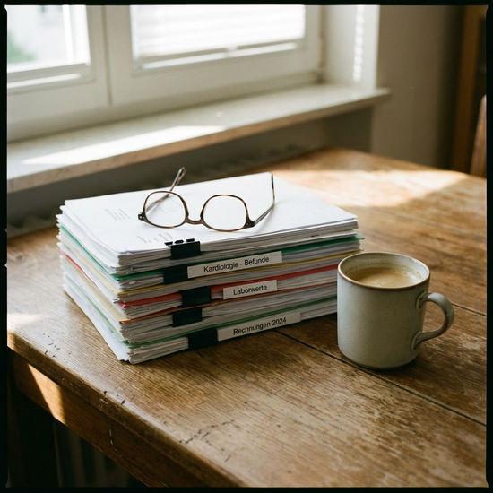 Ein ordentlich sortierter Stapel medizinischer Dokumente und eine Brille liegen auf einem Holztisch neben einer Tasse Kaffee. Ruhige, organisierte Stimmung.
