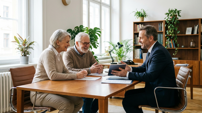 Ein älteres Ehepaar sitzt mit einem Berater an einem Schreibtisch und schaut sich entspannt Unterlagen an. Helle Büroumgebung, seriöse und vertrauensvolle Atmosphäre.