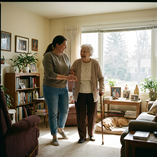 Eine liebevolle Pflegekraft unterstützt eine lächelnde ältere Dame beim Gehen im eigenen, gemütlichen Wohnzimmer. Helles Tageslicht, familiäre und sichere Umgebung.