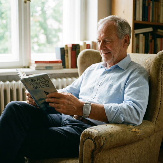 Ein moderner, unauffälliger Hausnotruf-Knopf am Handgelenk eines Seniors, der entspannt in einem Sessel ein Buch liest. Fokus auf Sicherheit und Komfort.