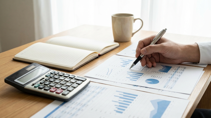 Ein Taschenrechner, ein Notizblock und eine Kaffeetasse auf einem aufgeräumten Holztisch. Eine Hand hält einen Stift und deutet auf übersichtliche Papiere. Helle Beleuchtung, Fokus auf die Finanzplanung, ohne lesbaren Text.