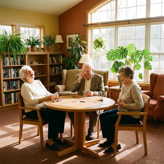 Drei fröhliche Senioren sitzen an einem runden Tisch in einem hellen Gemeinschaftsraum und lachen gemeinsam bei einem Kartenspiel. Warme Farben, gemütliche Einrichtung mit Pflanzen im Hintergrund.