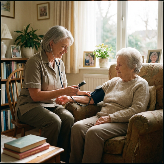 Eine erfahrene Pflegekraft misst sanft den Blutdruck einer älteren Dame, die entspannt in einem bequemen Sessel sitzt. Vertrauensvolle Atmosphäre, weiches Licht.