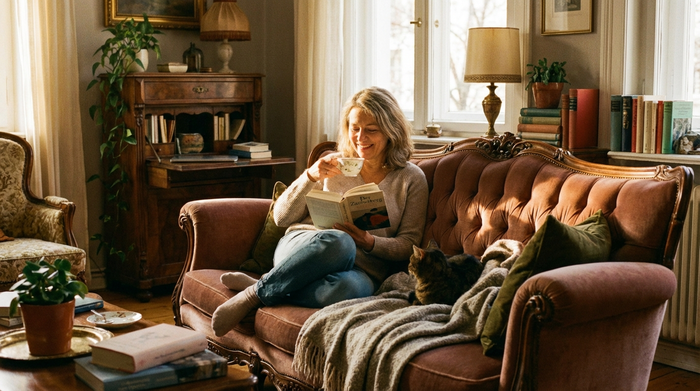 Eine entspannte Frau mittleren Alters sitzt gemütlich auf einem Sofa und liest ein Buch, während sie eine Tasse Tee genießt. Ruhige und friedliche Wohnzimmeratmosphäre, weiches Nachmittagslicht.