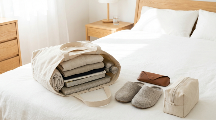 Eine ordentlich gepackte, offene Stofftasche auf einem Bett. Daneben liegen ordentlich aufgereiht ein Brillenetui, bequeme Hausschuhe und eine kleine Kulturtasche. Helles Schlafzimmer, saubere und organisierte Szene.