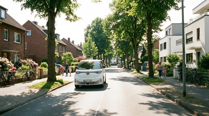 Ein moderner, weißer Kleinbus fährt durch ein grünes Wohngebiet in Leverkusen. Strahlender Sonnenschein, saubere Straßen, friedliche und sichere Umgebung.