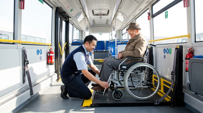 Ein geduldiger Fahrer sichert behutsam den Rollstuhl eines älteren Herrn über eine flache Rampe im geräumigen Innenraum eines Transportbusses. Helle, saubere Umgebung, professionelle und sichere Ausstattung.