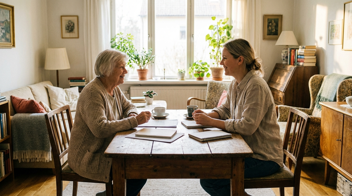 Eine ältere Dame und ihre Tochter sitzen entspannt an einem Holztisch bei einer Tasse Kaffee und besprechen lächelnd Unterlagen. Gemütliches, sonnendurchflutetes Wohnzimmer, harmonische Stimmung.