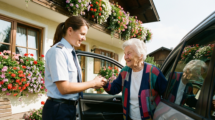 Ein freundlicher Fahrer reicht einer fröhlichen Seniorin vor ihrer Haustür stützend die Hand. Im Hintergrund blühende Blumenkästen, sonniger Vormittag, herzliche und vertrauensvolle Interaktion.