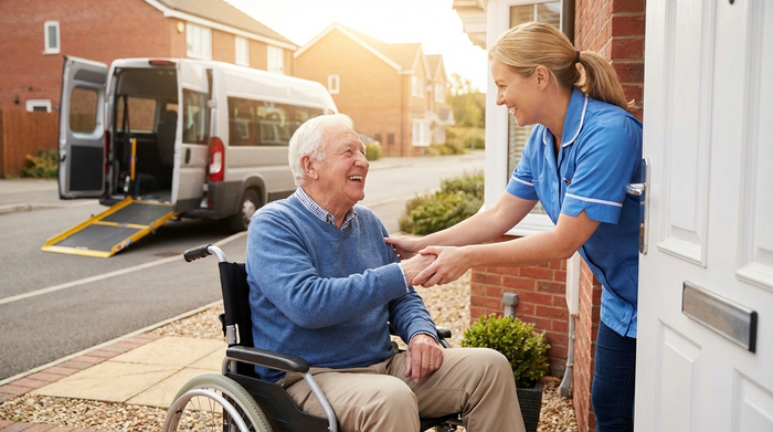 Ein fröhlicher älterer Herr im Rollstuhl wird von einer freundlichen Pflegerin an der Tür seines Hauses abgeholt. Ein barrierefreier Kleinbus steht im Hintergrund bei sonnigem Wetter.