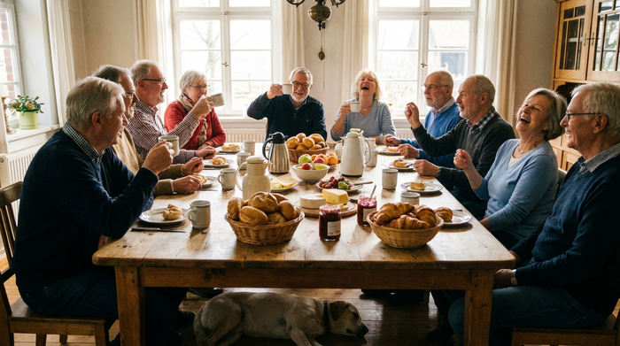 Eine Gruppe von Senioren sitzt gemütlich an einem großen, gedeckten Holztisch beim gemeinsamen Frühstück. Frische Brötchen und Kaffeetassen stehen auf dem Tisch, die Menschen lachen und unterhalten sich angeregt.