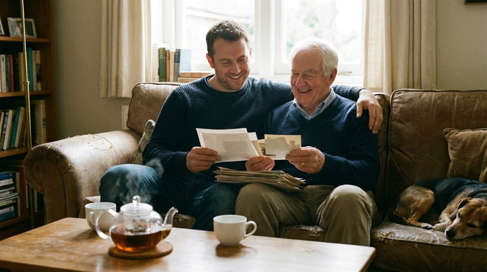 Ein erwachsener Sohn sitzt mit seinem älteren Vater entspannt auf einem Sofa und sie schauen gemeinsam lächelnd Dokumente an. Eine Tasse Tee steht auf dem Couchtisch.