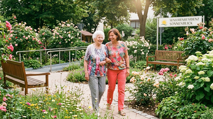 Eine ältere Frau und ihre Tochter spazieren Arm in Arm durch einen gepflegten Garten einer Senioreneinrichtung. Beide wirken entspannt und glücklich, umgeben von blühenden Blumen.