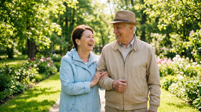 Eine engagierte Alltagsbegleiterin spaziert gemeinsam mit einem fröhlichen Senior durch einen grünen Park. Beide tragen leichte Jacken, im Hintergrund sind unscharfe Bäume und ein gepflegter Weg zu sehen, sonniger Tag.
