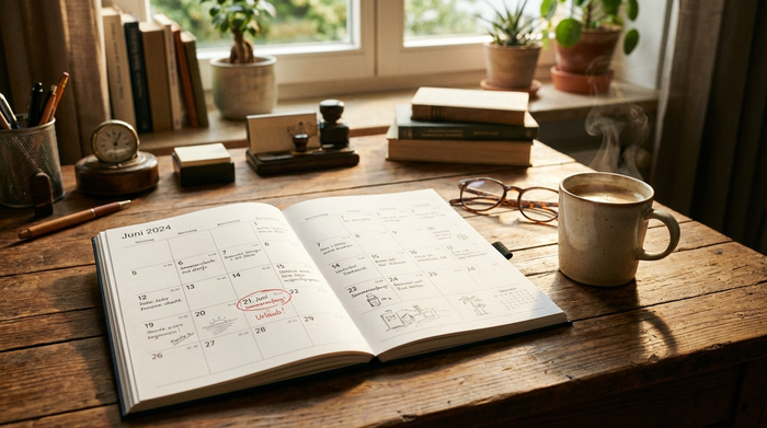 Ein ordentlich geführter Kalender liegt auf einem Holztisch, daneben eine Brille und eine Tasse Kaffee. Fokus auf ein markiertes Datum im Juni, gemütliche und organisierte Atmosphäre im Heimbüro.