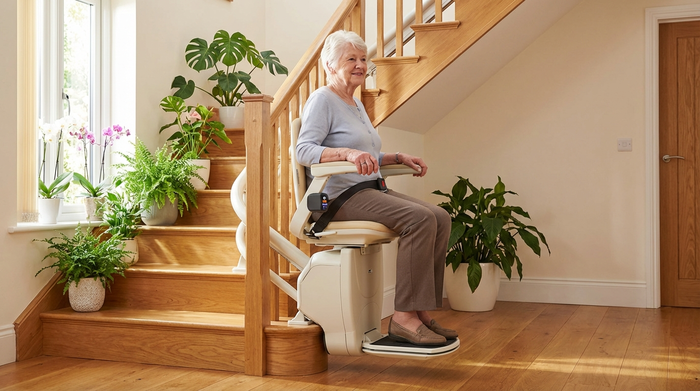 Ein moderner, sicherer Treppenlift in einem gepflegten Einfamilienhaus. Eine ältere Dame fährt entspannt und sicher die Holztreppe hinauf, helles Treppenhaus mit Zimmerpflanzen, realistische und sichere Umgebung.