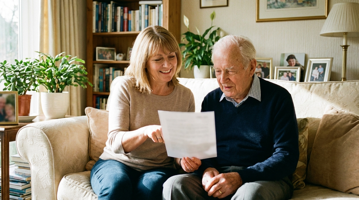 Eine Beraterin sitzt mit einem Senior auf dem Sofa und erklärt ihm ruhig und freundlich ein Dokument. Vertrauensvolle Atmosphäre im gemütlichen Wohnzimmer, keine lesbaren Texte auf dem Papier.