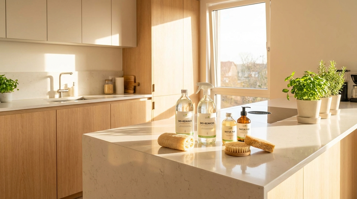 Eine saubere, aufgeräumte Küche in einem modernen Haushalt. Schwämme und umweltfreundliche Reinigungsmittel stehen ordentlich auf einer glänzenden Arbeitsplatte im warmen Sonnenlicht.
