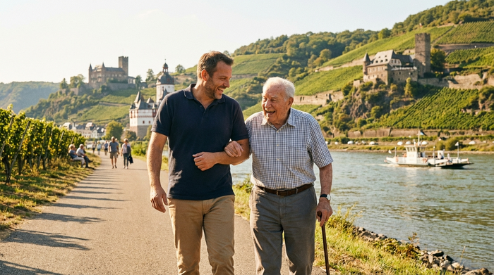 Ein engagierter männlicher Alltagsbegleiter spaziert an einem sonnigen Tag mit einem älteren Herrn an einem malerischen Rheinufer entlang. Beide lachen und genießen die Natur.