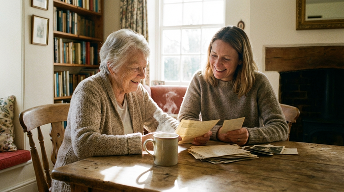 Eine ältere Frau und ihre Tochter sitzen an einem Holztisch und betrachten gemeinsam zufrieden Dokumente. Eine dampfende Tasse Tee steht gemütlich daneben.