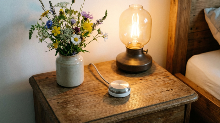 Ein moderner, unauffälliger Hausnotruf-Knopf liegt auf einem hölzernen Nachttisch neben einem frischen Blumenstrauß und einer warm leuchtenden Leselampe.