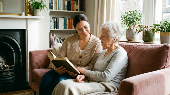 Eine liebevolle Pflegerin liest einer aufmerksam zuhörenden Seniorin aus einem dicken Buch vor. Sie sitzen sehr bequem auf einem weichen Sofa im Wohnzimmer.