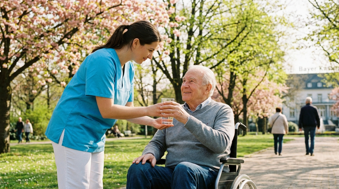 Eine fürsorgliche Pflegekraft reicht einem älteren Herrn im Rollstuhl in einem gepflegten Park in Leverkusen ein Glas Wasser. Frühlingshaftes Wetter, grüne Bäume im Hintergrund, harmonische und ruhige Stimmung.