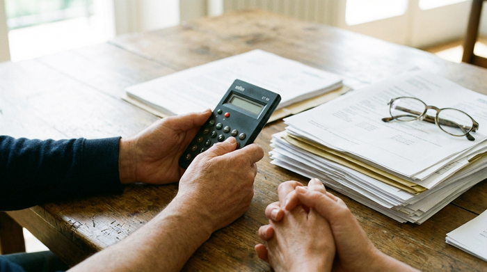 Zwei Hände halten gemeinsam einen Taschenrechner über einem Holztisch, daneben liegen ordentlich sortierte Dokumente und eine Brille. Helle Beleuchtung, fokussierte und seriöse Atmosphäre, keine erkennbaren Schriften.