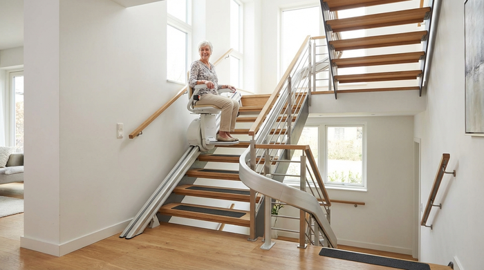 Ein moderner Treppenlift ist in einem gepflegten, hellen Treppenhaus eines Einfamilienhauses installiert. Im Hintergrund sieht man eine stilvolle Holztreppe. Praktische und sichere Wohnumgebung für Senioren.