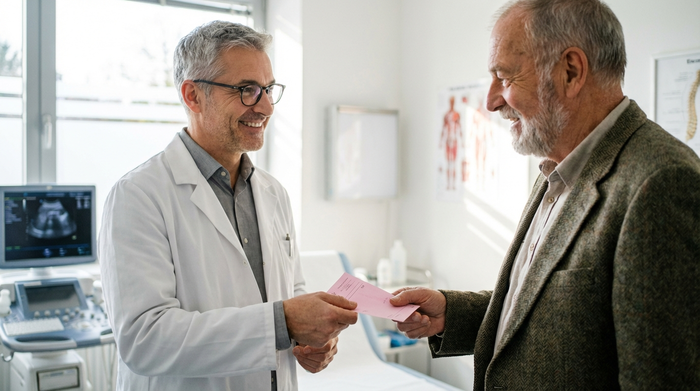 Ein freundlicher Arzt in einer hellen Praxis überreicht einem älteren Patienten ein rosa Rezept. Beide lächeln. Im Hintergrund sieht man unscharfe medizinische Geräte, realistische Szene, professionelle Beleuchtung.