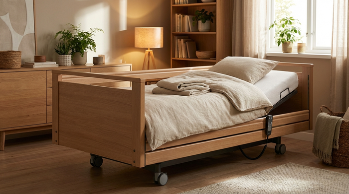 Ein modernes, elektrisch verstellbares Pflegebett in einem gemütlich eingerichteten Schlafzimmer. Das Bettzeug ist ordentlich gefaltet, warmes Licht einer Nachttischlampe sorgt für ein behagliches Zuhause, keine medizinisch kalte Atmosphäre.