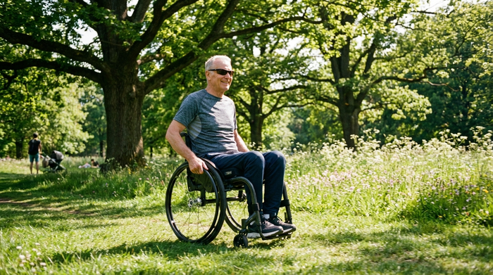 Ein agiler Senior fährt an einem sonnigen Tag mit einem modernen Leichtgewichtrollstuhl durch einen grünen Park. Große Bäume im Hintergrund, entspannter Gesichtsausdruck, klare und realistische Umgebung ohne störenden Text.