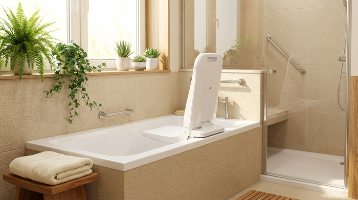 Ein helles, sauberes Badezimmer mit rutschfesten Fliesen und einem modernen Badewannenlift in der weißen Wanne. Ein flauschiges Handtuch liegt bereit, grüne Pflanzen auf dem Fensterbrett, sichere und einladende Atmosphäre.