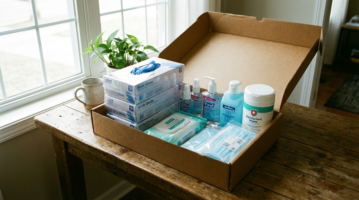 Ein ordentlich gepacktes Paket auf einem rustikalen Holztisch, randvoll mit nützlichen Pflegeutensilien wie sauberen Einweghandschuhen und Desinfektionsmitteln. Tageslicht fällt durchs Fenster, aufgeräumte und hygienische Szenerie.