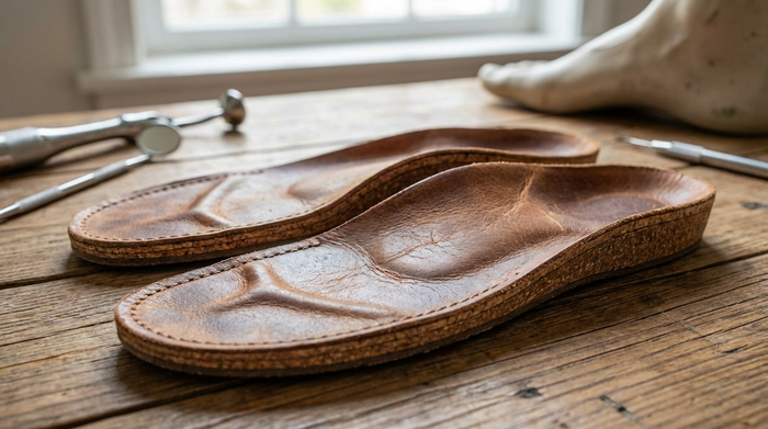 Nahaufnahme von hochwertigen, maßgefertigten orthopädischen Einlagen aus Leder und Kork, die auf einem sauberen Holztisch liegen. Weiches Tageslicht, realistische Texturen, medizinischer Kontext ohne Text.