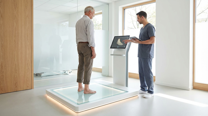 Eine moderne, digitale 3D-Fußscan-Plattform in einem hellen Behandlungsraum. Ein älterer Patient steht barfuß auf der dezent beleuchteten Glasplatte, während ein Techniker danebensteht. Sauber, professionell, ohne Text.