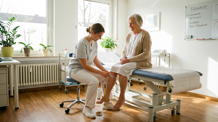 Eine medizinische Fachkraft misst am frühen Morgen mit einem flexiblen Maßband behutsam den Wadenumfang einer älteren Dame, die auf einer Liege sitzt. Helles, freundliches Behandlungszimmer, realistische Szene.