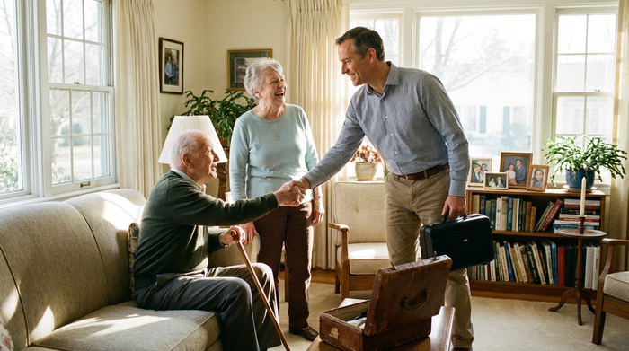 Ein Orthopädietechniker mit einem kleinen Messkoffer besucht ein älteres Ehepaar im gemütlichen heimischen Wohnzimmer. Freundliche Begrüßung, vertrauensvolle Stimmung, lichtdurchfluteter Raum.