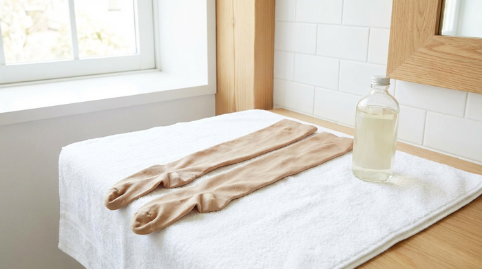 Ein Paar hautfarbene medizinische Kompressionsstrümpfe trocknet flach liegend auf einem sauberen, weißen Handtuch. Daneben steht ein mildes Feinwaschmittel in einer neutralen Flasche ohne Etikett. Helles, sauberes Badezimmer.