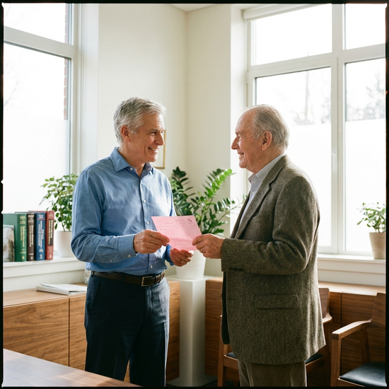 Ein erfahrener Arzt in einer hellen Praxis überreicht einem älteren Herrn ein rosafarbenes Rezept. Beide lächeln, vertrauensvolle Atmosphäre, Tageslicht.
